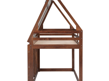 Wood Twin Size House Bunk Bed With Roof, Ladder And 2 Windows - Oak & Smoky Gray