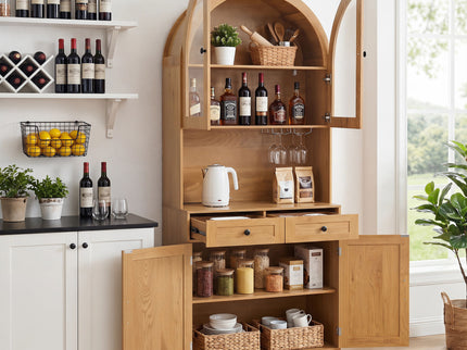 Tall Arched Pantry Cabinet With Charging Station, Adjustable Shelves, Coffee Bar