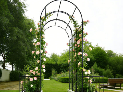 Metal Garden Arch With Two Plant Stands Wide High Climbing Plants Support Rose Arch Outdoor - Black