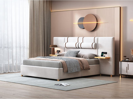 Upholstered Platform Bed, 2 Outlets And USB Charging Ports On Both Sides, 2 Bedside Pillows, Storage Shelves