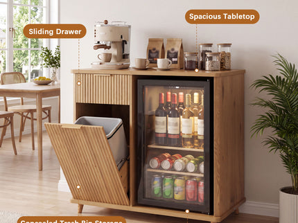 Fluted Coffee Bar Cabinet With Mini Fridge Space & Charging Station - Natural