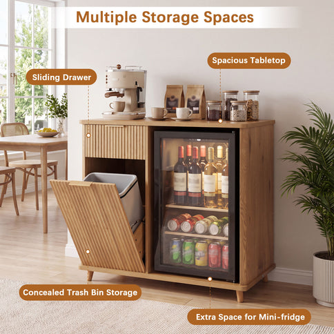 Fluted Coffee Bar Cabinet With Mini Fridge Space & Charging Station - Natural