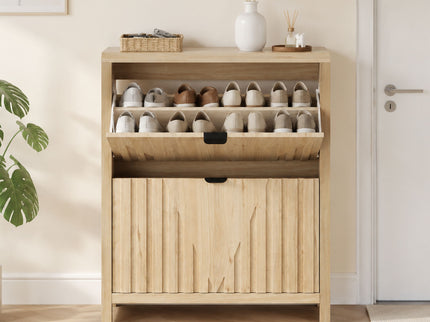 Entryway Shoe Cabinet With Vertical Carved Panels - Oak