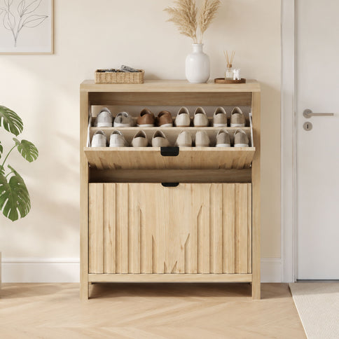 Entryway Shoe Cabinet With Vertical Carved Panels - Oak