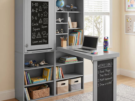Folding Desk With Storage, Foldable Convertible Writing Table With Blackboard And Shelves For Home Office