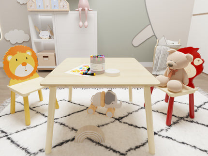 Kids Table And 2 Chairs Set, 3 Pieces Toddler Table And Chair Set, Wooden Activity Play Table Set (Lion&Monkey) - Natural