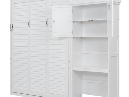 Queen Size Murphy Bed With Louvered Design And Multiple Storage Shelves - White