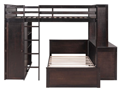 Loft Bed With A Twin Size Standalone Bed, Shelves, Desk, And Wardrobe