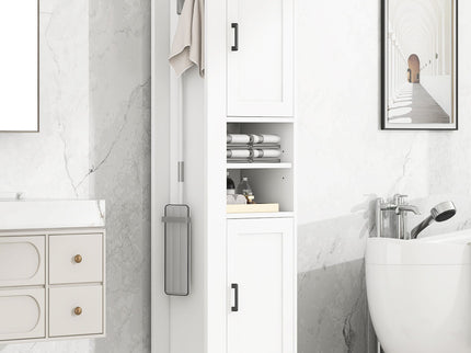 Tall Freestanding Bathroom Storage Cabinet With Adjustable Shelves And Side Hooks Board, Rectangle Design
