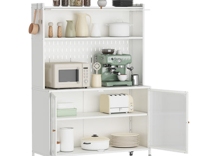 Contemporary Kitchen Pantry Cabinet With Glass Doors, Adjustable Shelves, Steel - Brushed Nickel
