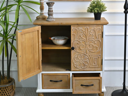 Accent Flower Carved Door Sideboard Cabinet With 2 Drawers For Kitchen - Natural Wood Wash / White