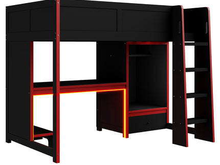 Gaming Loft Bed With Built In Desk, Wardrobe, LED Lighting And Drawer