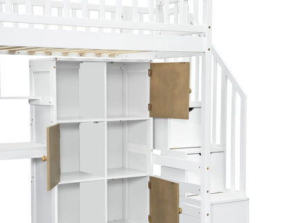 Loft Bed With Built In L Shaped Desk, LED Lights, Storage Shelves, Cabinets, And Staircase