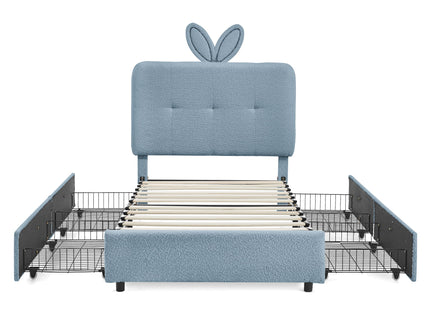 Upholstered Bed With Oversized Rabbit Ear Headboard, LED Lights & 4 Storage Drawers