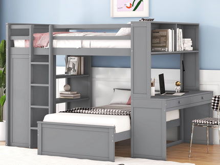Loft Bed With A Twin Size Standalone Bed, Shelves, Desk, And Wardrobe
