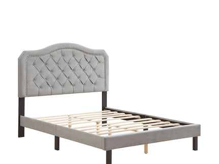 Queen Platform Upholstered Bed Button Tufted With Curve Design, Strong Wood Slat Support - Gray