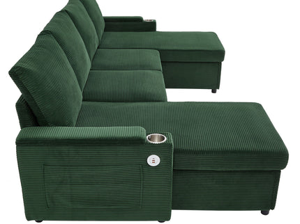 U Shaped Sectional Sofa Bed With Storage Chaise Lounges, USB Ports, And Cup Holders