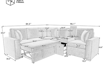 Modular L-Shaped Sectional Sofa Bed With Pull-Out Sleeper, Cup Holders, And Storage