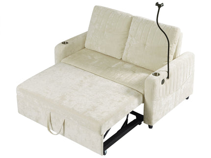 Modern Loveseat Pull Out Sofa Bed With Adjustable Backrest, Two Cup Holders, A Phone Holder, Three Charging Ports And Side Storage Pockets For Living Room