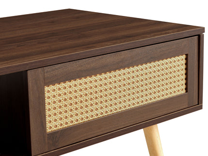 41.34" Rattan Coffee Table, Sliding Door For Storage, Solid Wood Legs, Modern Table For Living Room