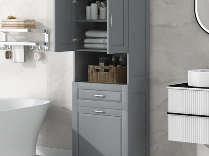 Tall Bathroom Cabinet With Tilt-Out Laundry Basket And Upper Storage