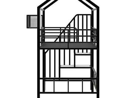 Metal Loft Bed With Roof Design And Storage Box With Guardrails And Integrated Ladder
