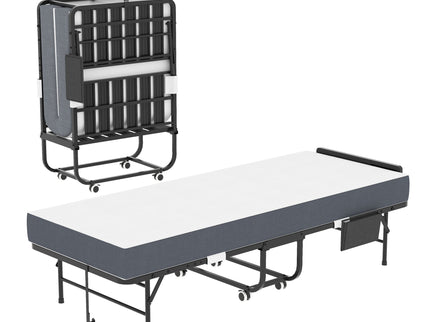 Twin Folding Bed With Adjustable Headboard & Memory Foam, Space Saving Rollaway Guest For Tall People, Portable On Wheels, Easy Assembly - Black