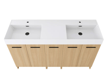 Double Sink Bathroom Vanity With Extra Large Storage, Integrated Sink, Freestanding Cabinet, Soft Close Doors - Glossy White / Light Oak