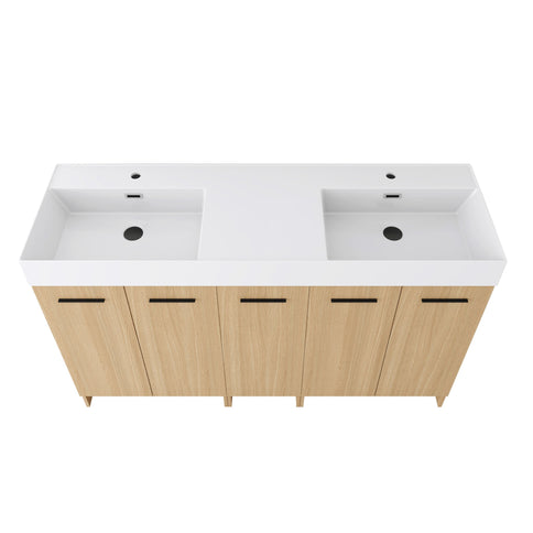Double Sink Bathroom Vanity With Extra Large Storage, Integrated Sink, Freestanding Cabinet, Soft Close Doors - Glossy White / Light Oak