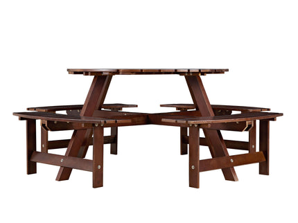 8 Person Round Picnic Table With 4 Built In Benches, Umbrella Hole For Garden - Brown