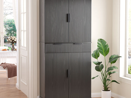 Fluted Kitchen Pantry Cabinet With 3 Keyboard Drawers & 6 Adjustable Door Shelves