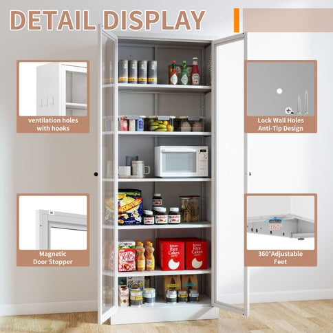 Kitchen Pantry Cabinet With 5 Adjustable Shelves, Freestanding Storage For Kitchen - White