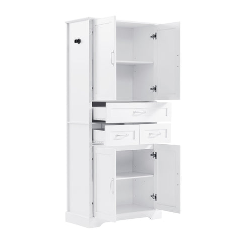 Tall Bathroom Storage Cabinet With 4 Doors 3 Drawers Adjustable Shelves - White