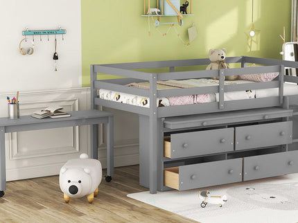 Loft Bed With Retractable Writing Desk And 4 Drawers, With Lateral Portable Desk And Shelves