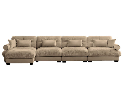 Modern Sectional Sofa With Ottoman, Round Bolster Armrests, Waist And Throw Pillows