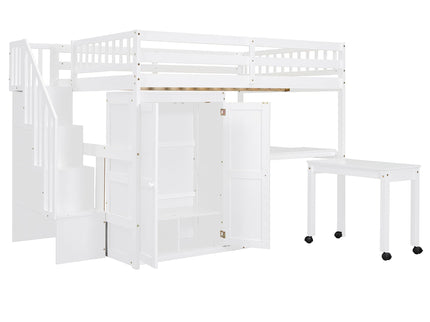 Loft Bed With Stairs, Bookshelf, Drawers, Desk & Wardrobe, Space Saving Multifunctional Furniture
