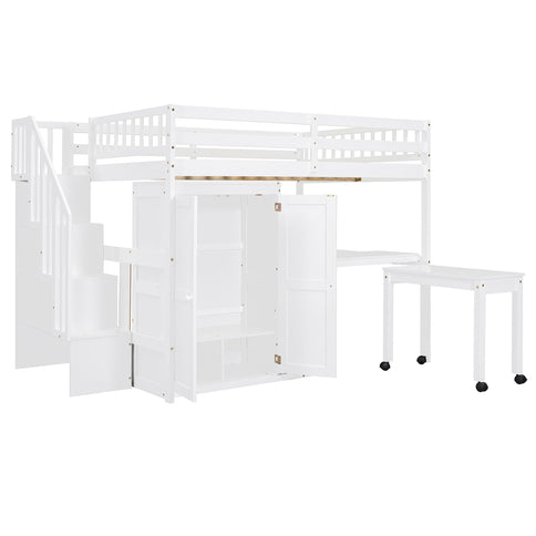 Loft Bed With Stairs, Bookshelf, Drawers, Desk & Wardrobe, Space Saving Multifunctional Furniture