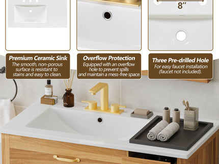 Bathroom Vanity, 2 Soft Close Doors, 3 Soft Close Drawers, Adjustable Shelf - Wood
