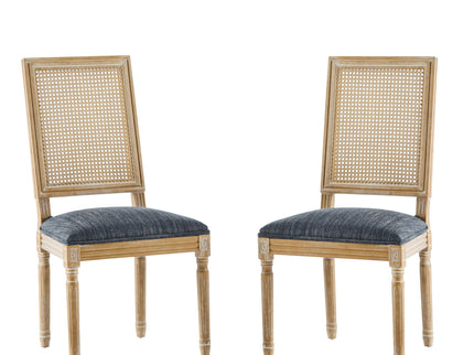 French Country Dining Chair With Rectangular Cane Backrest And Smooth Upholstered Seating