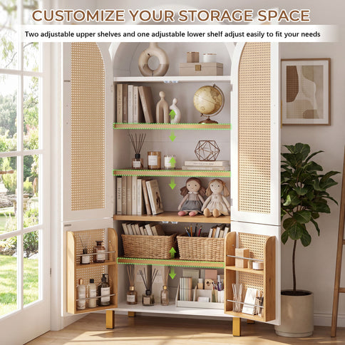 Tall Arched Cabinet With Rattan Doors & Adjustable Shelves