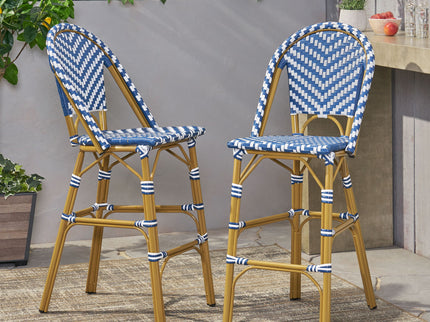 Outdoor Rattan French Barstool Set,, Bamboo, Seat Height - Navy Blue / White