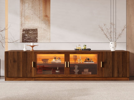 TV Stand, Media Console With Glass Doors And LED Lights, Adjustable Shelf Storage - Walnut