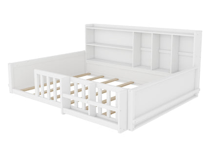 Platform Bed Frame With Guardrail, Storage Shelves & Bookshelf