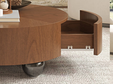 Drum Shaped Coffee Table With Hidden Storage Drawer, Low Profile For Living Room - Walnut