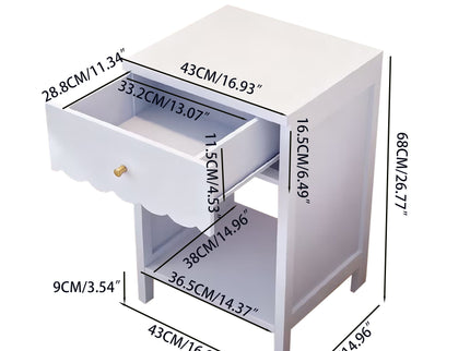 Nightstand With Drawer And Open Shelf, Scalloped Edge Bedside Table