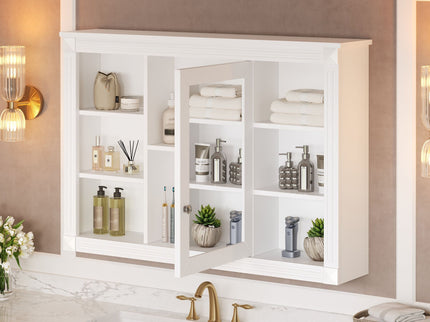 Wall Mounted Bathroom Storage Cabinet With Mirror, Medicine Cabinet With 6 Open Shelves And Adjustable Interior - White