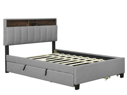 Upholstered Platform Bed With Storage Headboard, Trundle & 2 Drawers And A Set Of Sockets & USB Ports