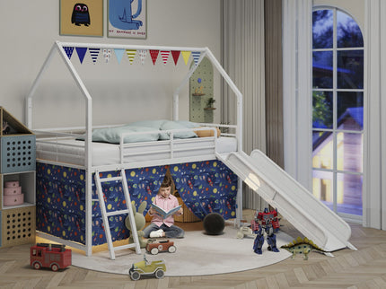 Jack - House Loft Bed With Slide And Curtain Set