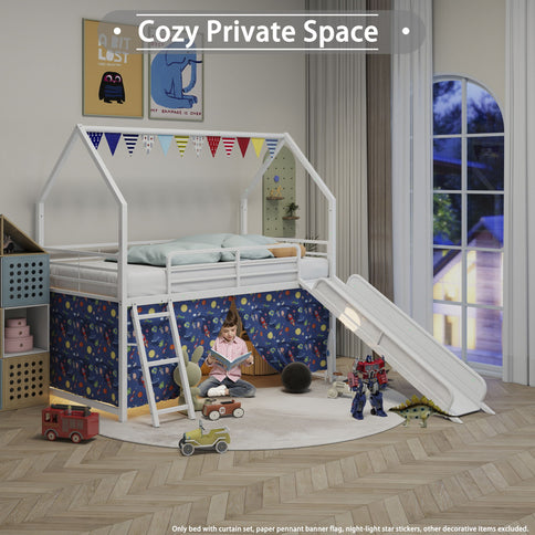 Jack - House Loft Bed With Slide And Curtain Set