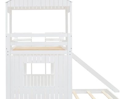 Loft Bunk Bed With Playhouse, Farmhouse, Ladder, Slide And Guardrails